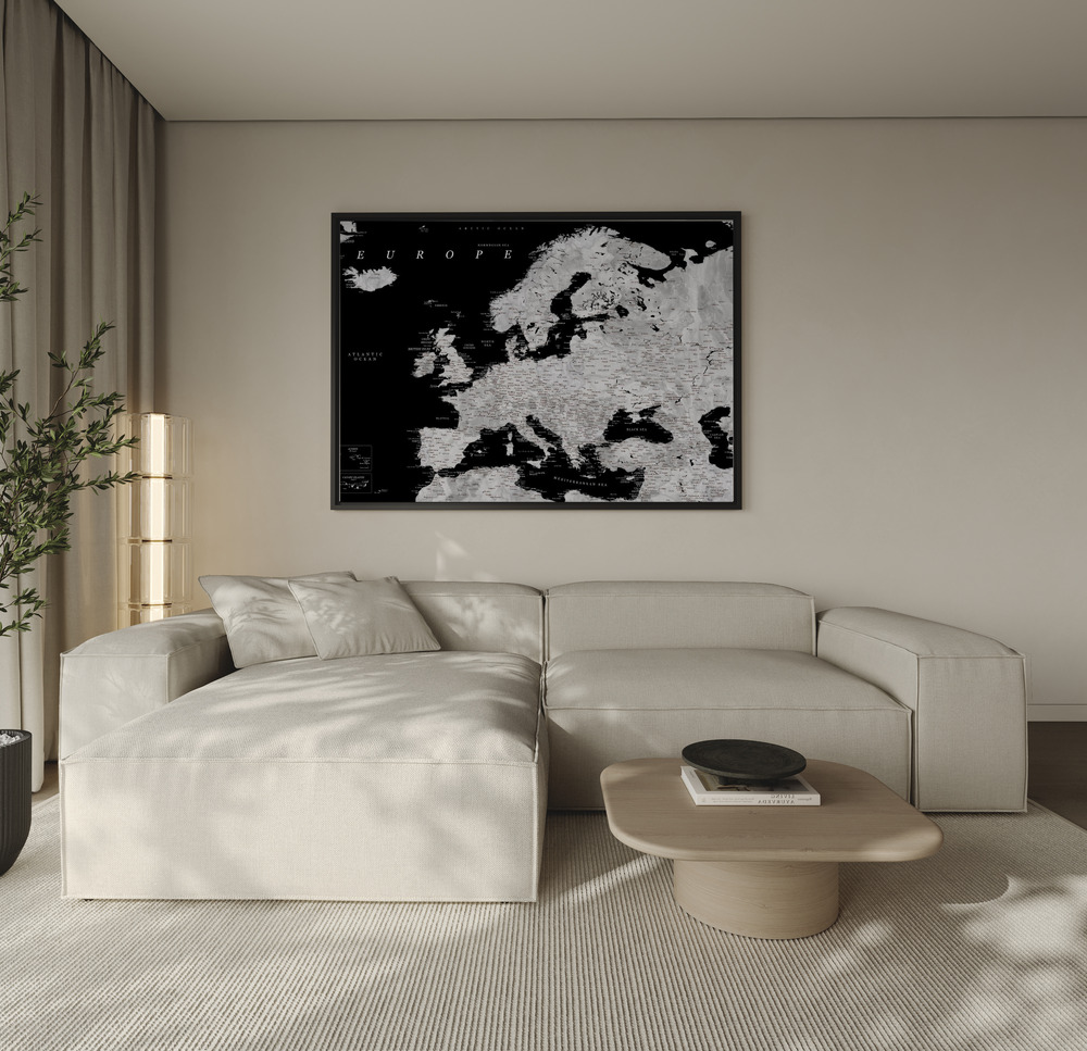 Canvas print - Black and grey detailed map of Europe over the sofa