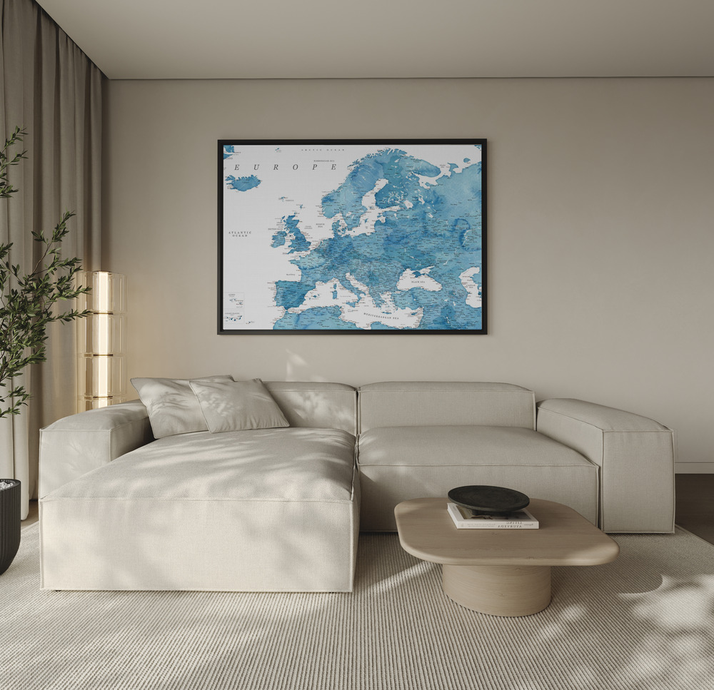 Canvas schilderi - Blue detailed map of Europe over de bank