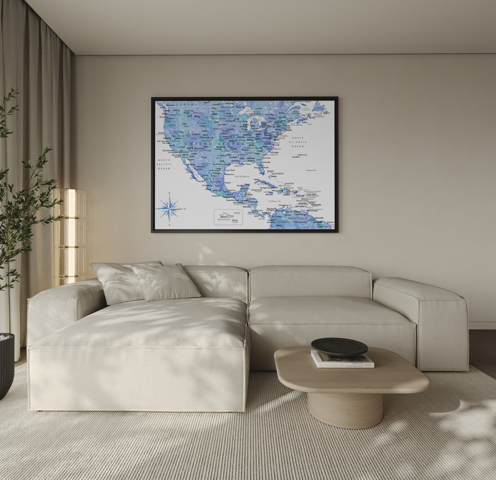 Canvas print - Blue map of USA and the Caribbean sea over the sofa