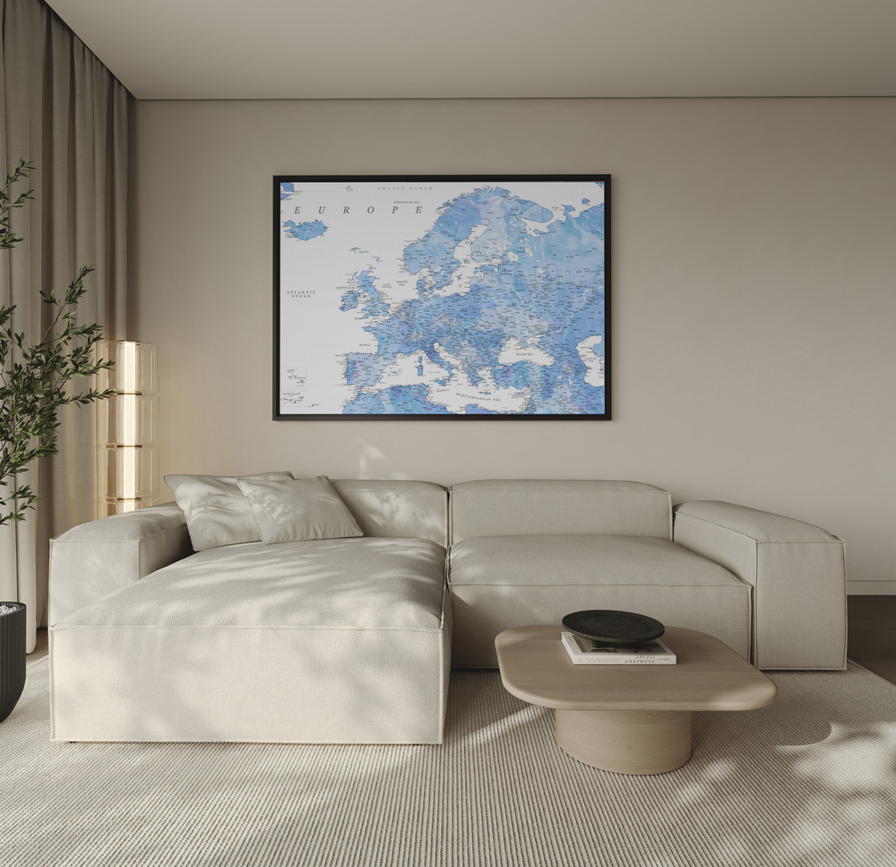 Canvas schilderi - Light blue watercolor detailed map of Europe over de bank