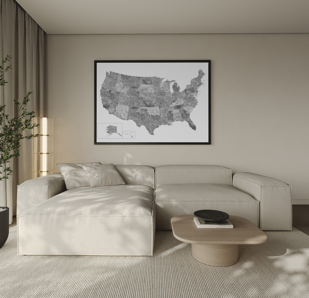 Canvas print - Gray watercolor map of the US over the sofa