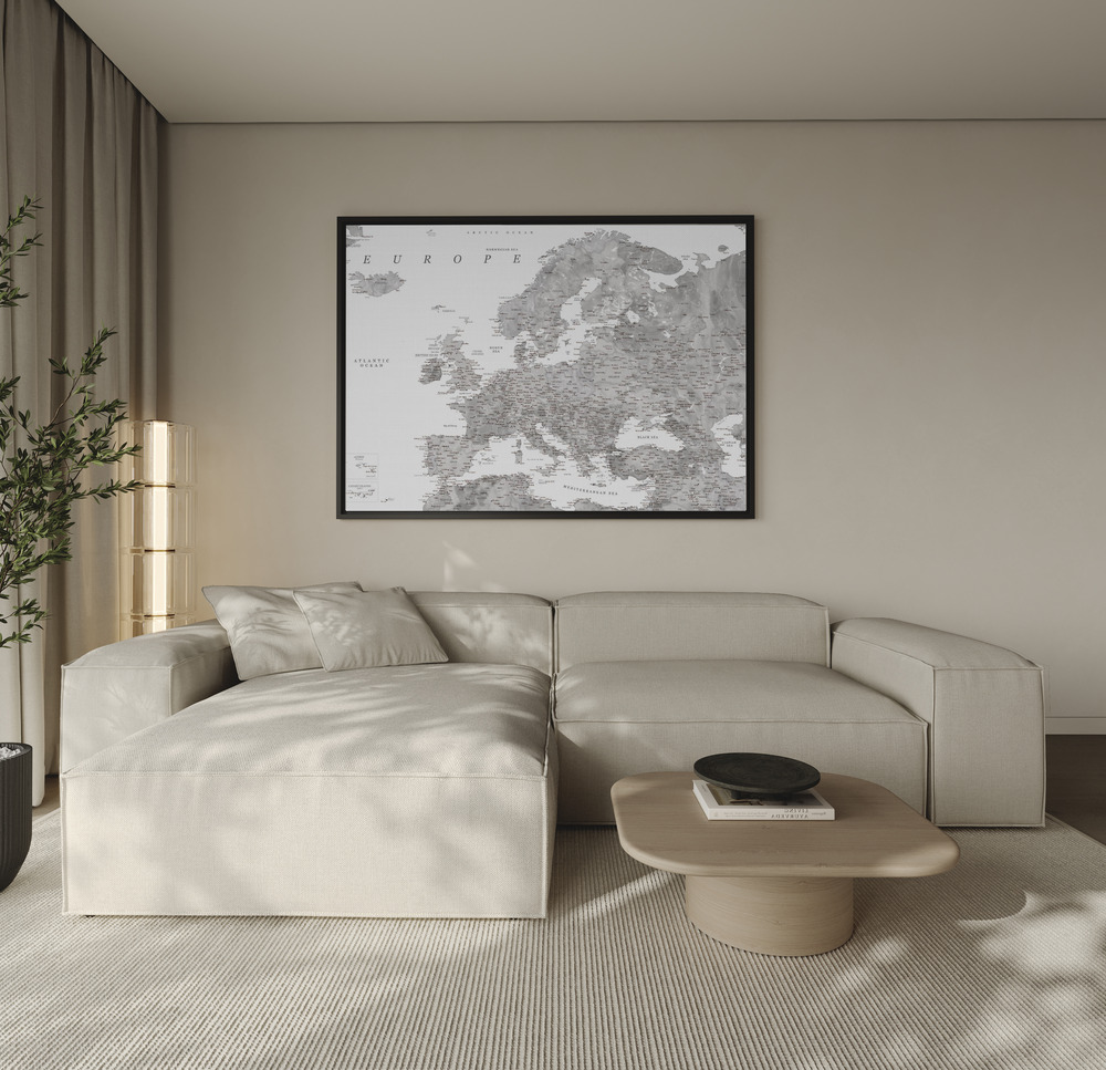 Toile - Gray watercolor Europe map au-dessus du canapé