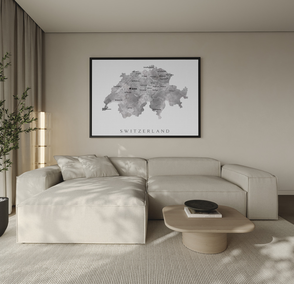 Canvas schilderi - Gray watercolor map of Switzerland over de bank