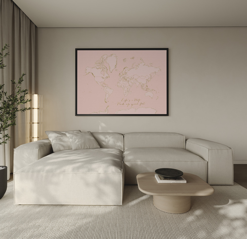Toile - Inspirational pink and gold world map au-dessus du canapé