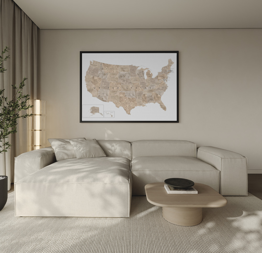 Canvas schilderi - Taupe watercolor US map over de bank