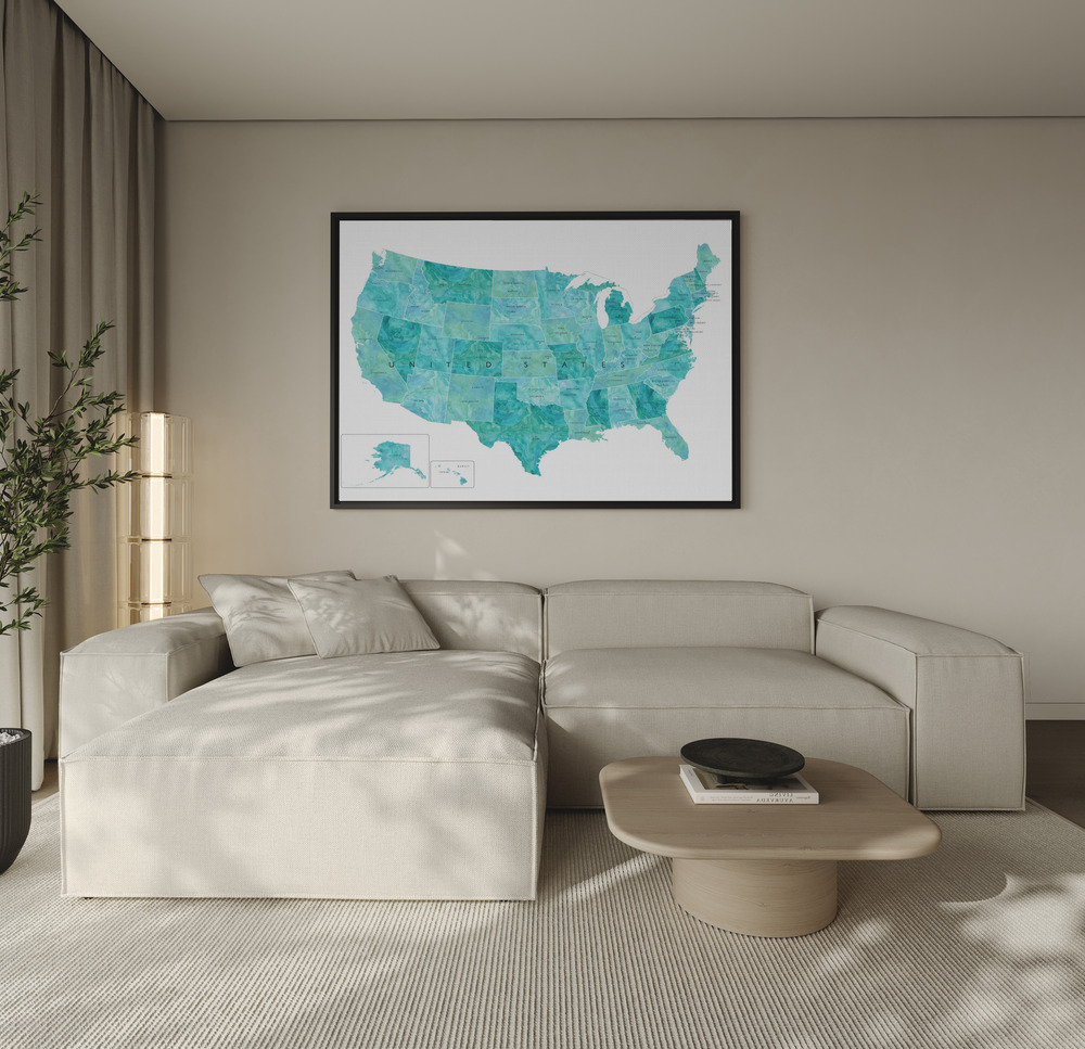 Toile - Aquamarine watercolor US map au-dessus du canapé