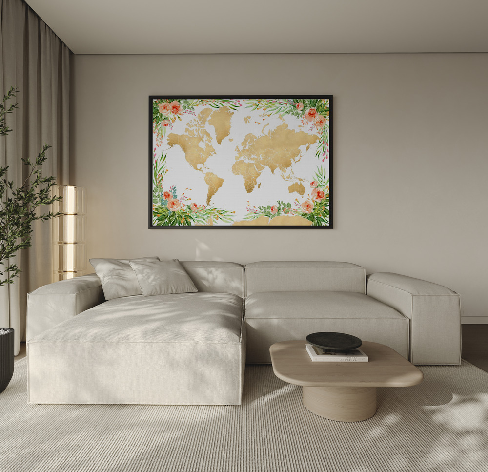 Toile - Blythe world map silhouette au-dessus du canapé