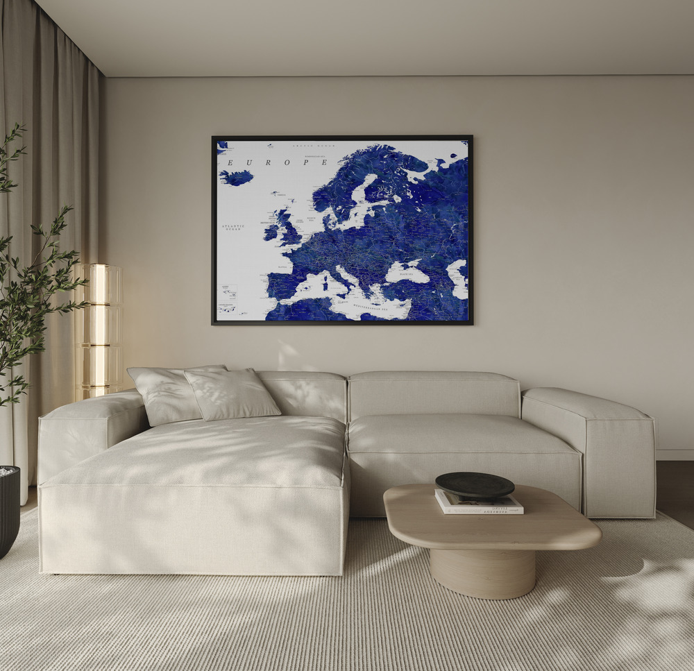 Canvas schilderi - Navy blue detailed map of Europe over de bank