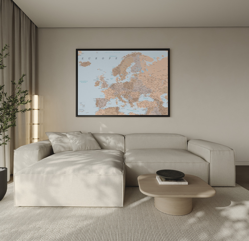 Toile - Neutral detailed map of Europe au-dessus du canapé