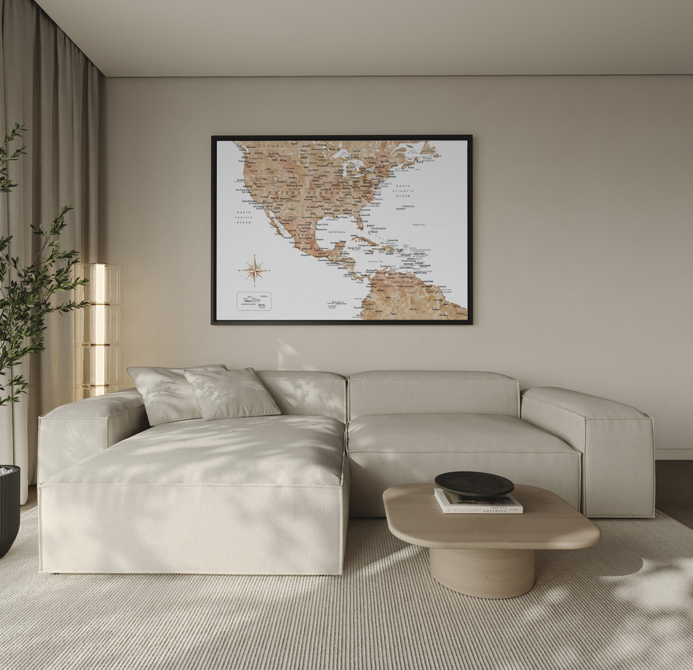 Canvas taulu - Neutral USA and the Caribbean sea map sohvan yli
