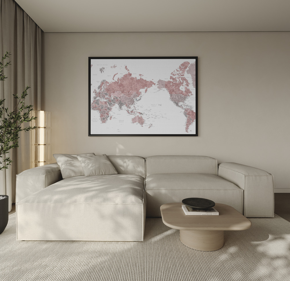 Canvas schilderi - Pacific centered world map in dusty pink over de bank