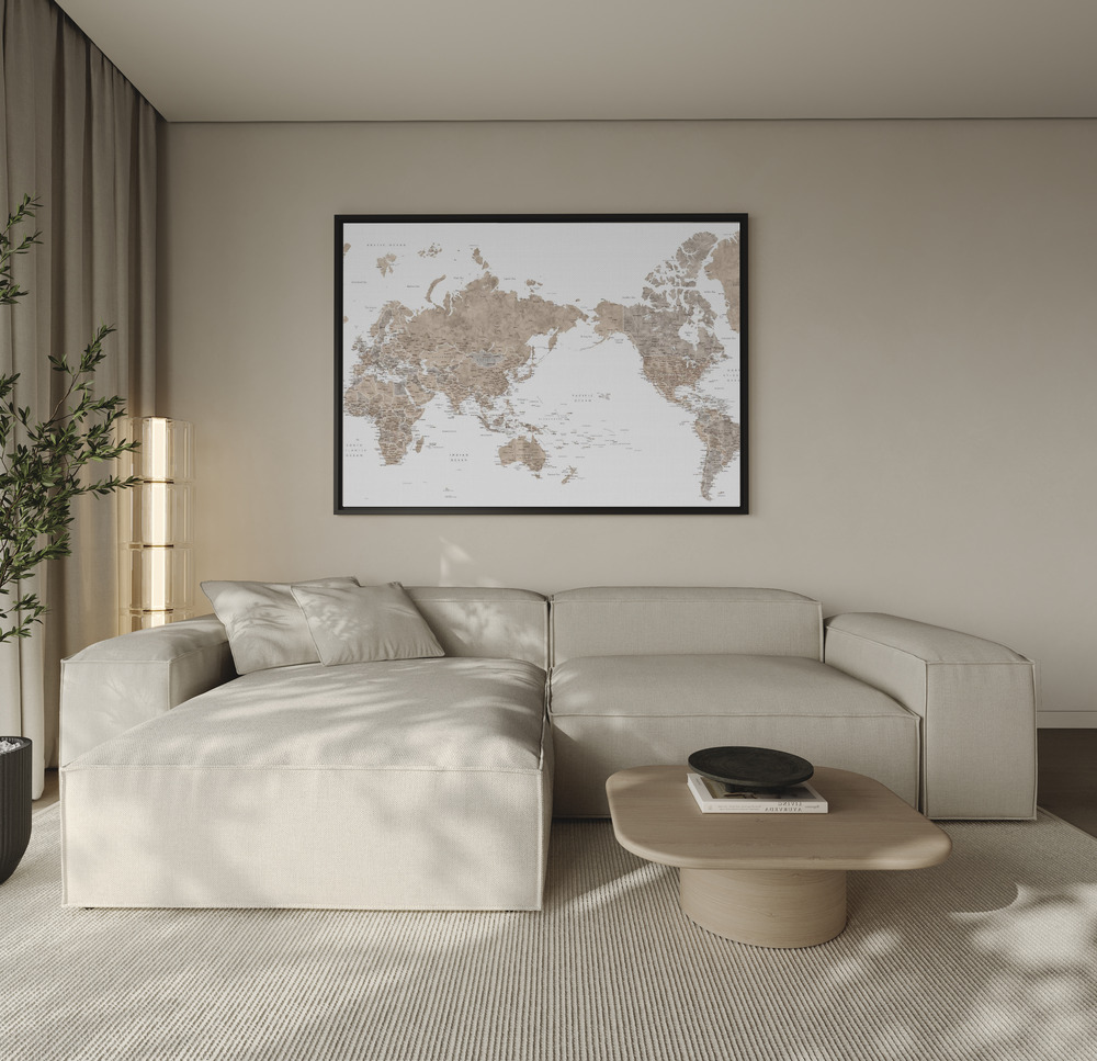 Canvas print - Pacific centered world map in taupe over the sofa
