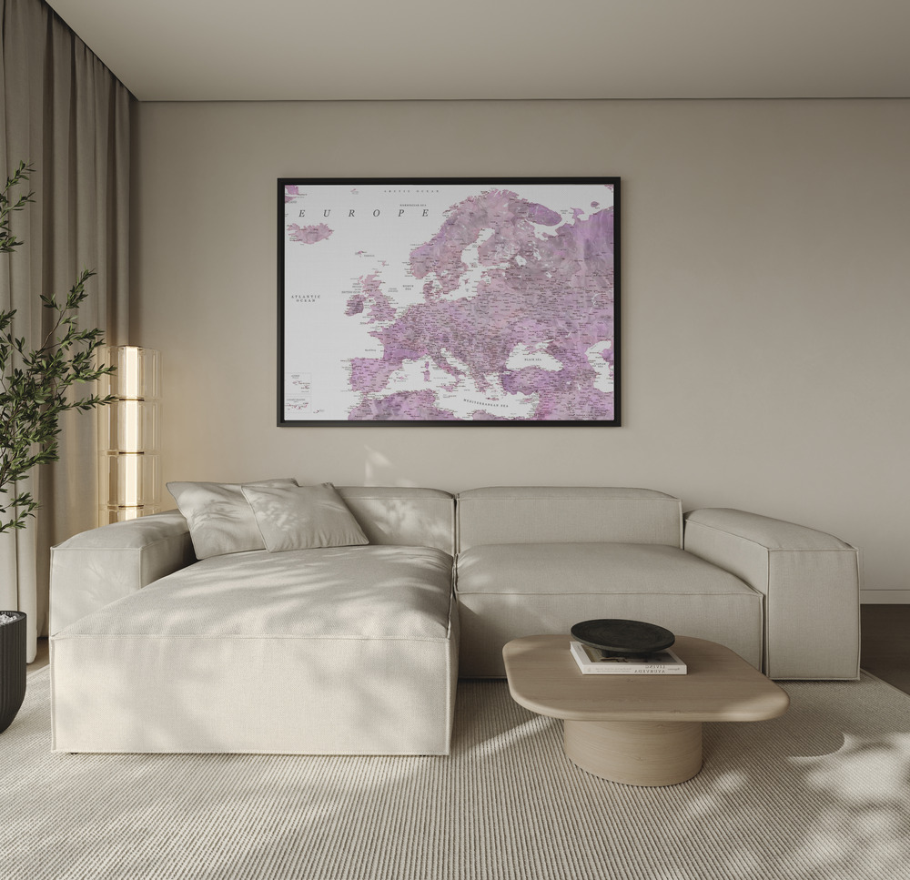 Canvas schilderi - Purple detailed map of Europe over de bank