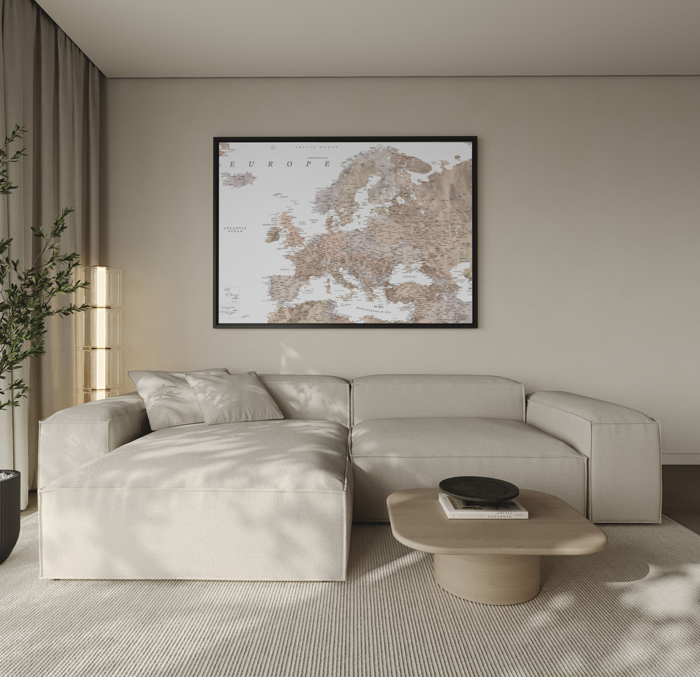 Canvas print - Taupe detailed map of Europe over the sofa