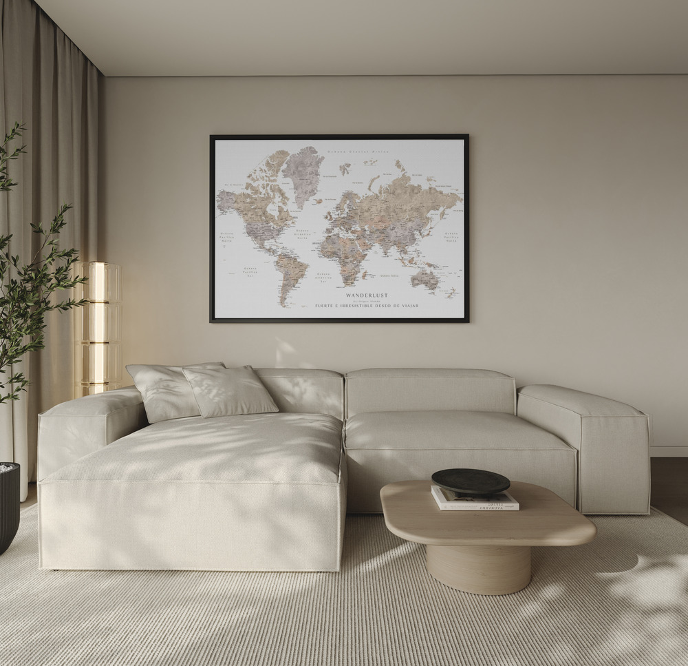 Toile - Wanderlust world map in spanish au-dessus du canapé