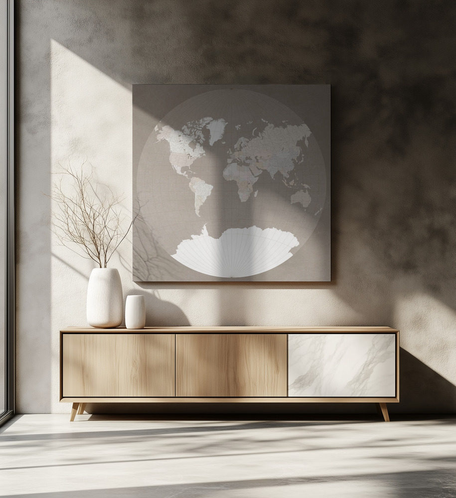 Canvas print - The world map in a circle, muted brown over dining table