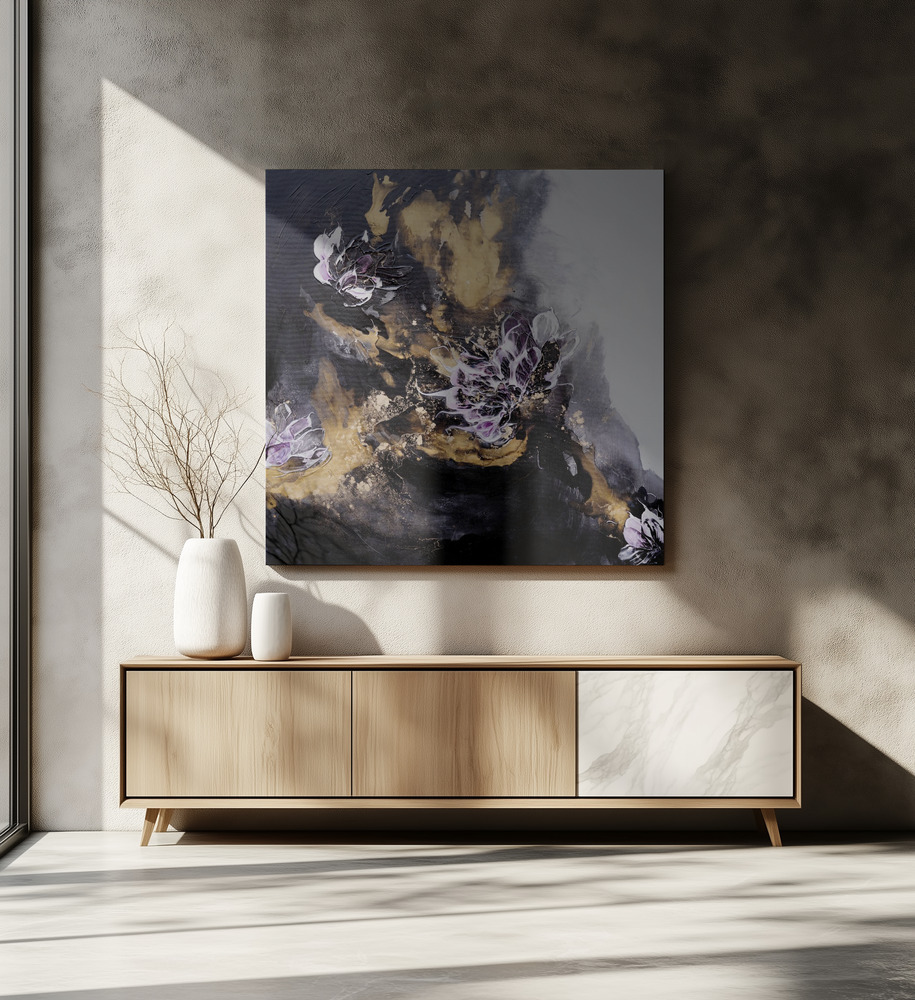 Canvas schilderi - Floral Painting with Purple and White Blossoms boven eettafel