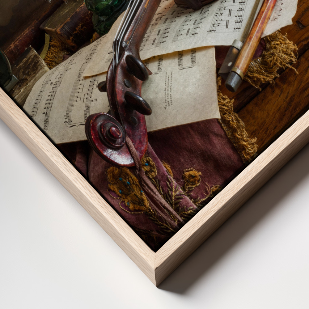 Canvas print - Still life with violin and clock frame close up