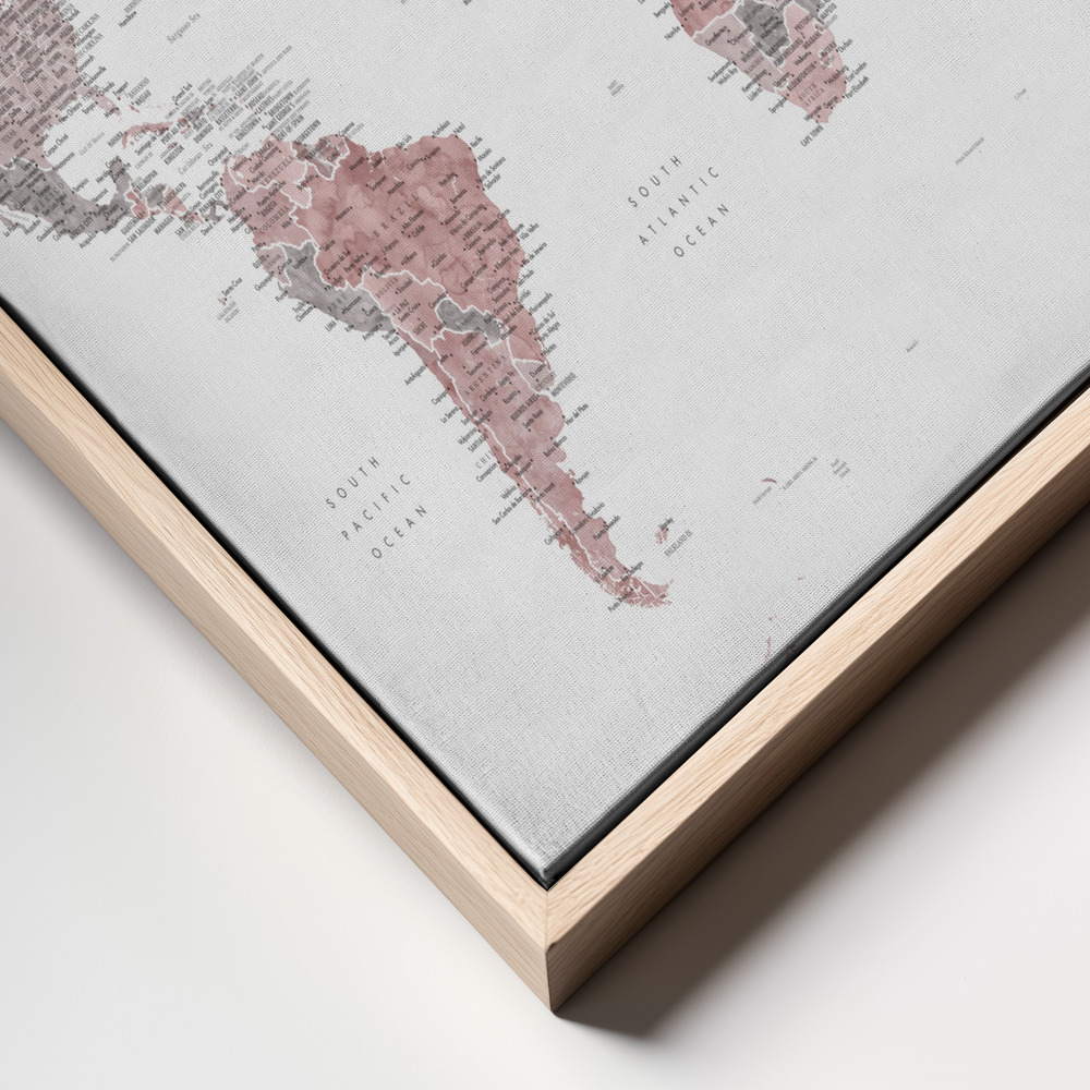 Canvas taulu - Detailed world map with cities, Piper kehys lähikuva - luonnollinen kehys