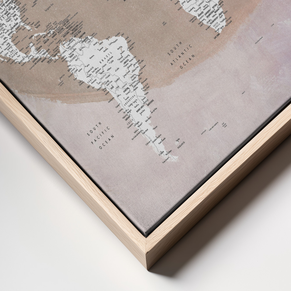 Canvas print - Detailed world map with cities Qawi frame close up