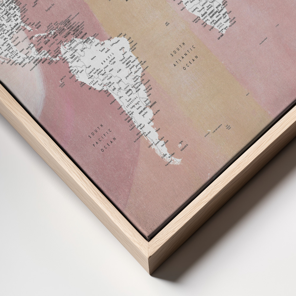 Canvas schilderi - Detailed world map with cities Mizn frame close up - natuurlijk frame