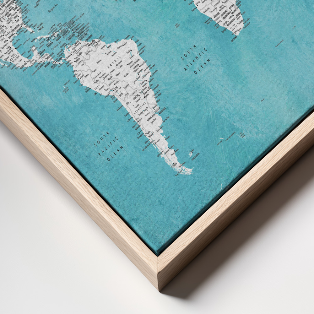 Canvas schilderi - Detailed world map with cities Idrak frame close up - natuurlijk frame