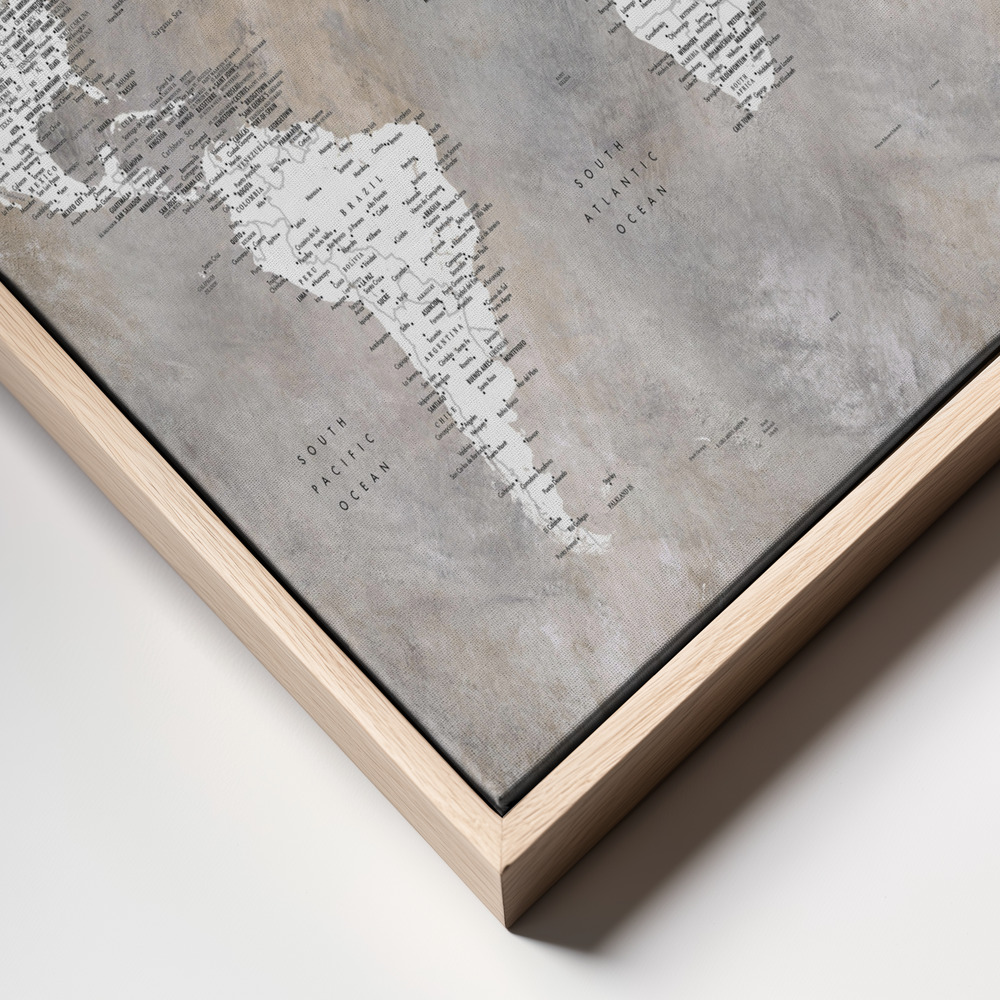 Canvas taulu - Detailed world map with cities Vali kehys lähikuva - luonnollinen kehys