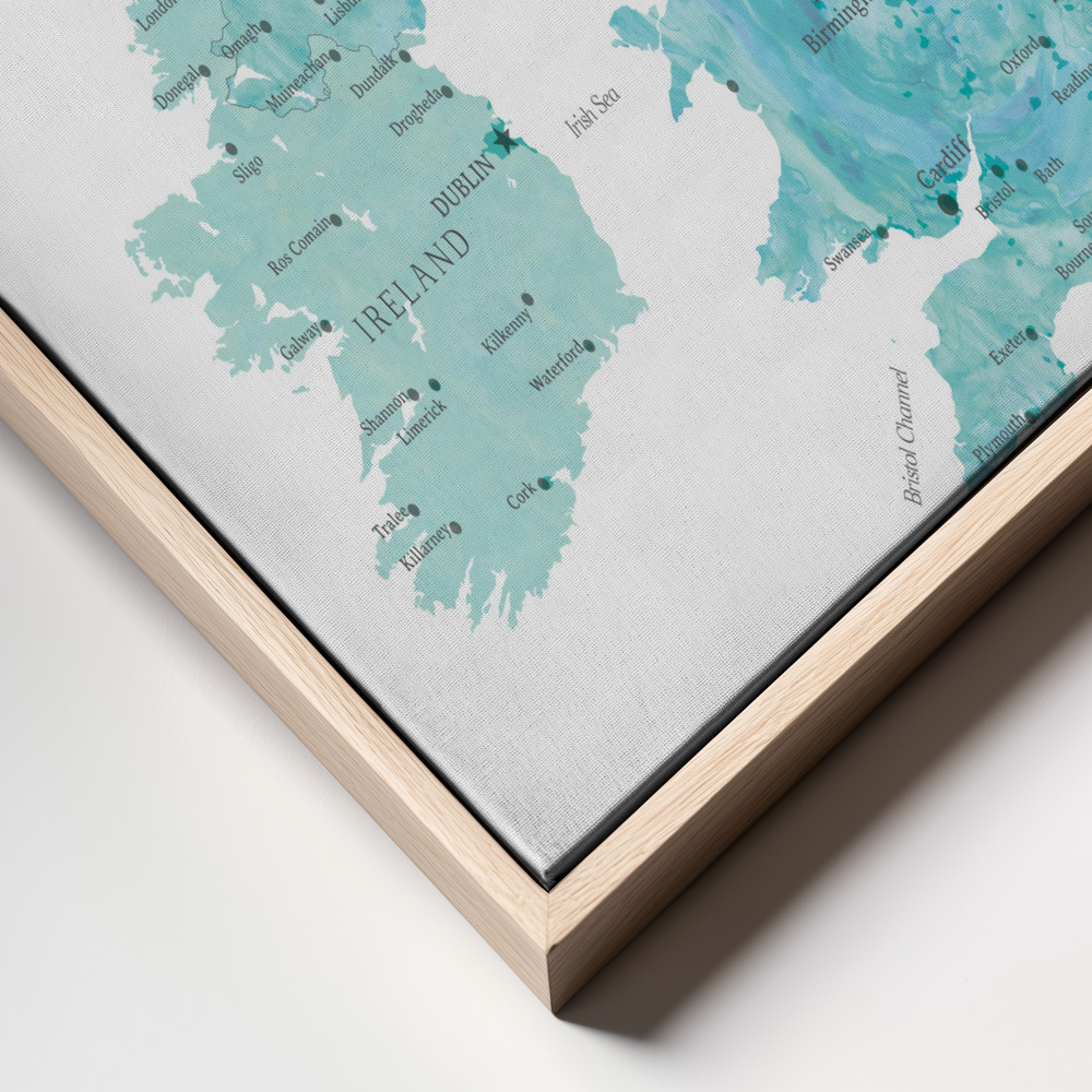 Canvas schilderi - Aquamarine watercolor map of the United Kingdom frame close up - natuurlijk frame