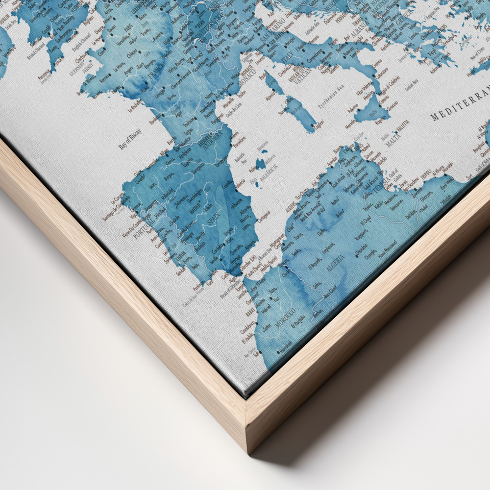 Canvas schilderi - Blue detailed map of Europe frame close up - natuurlijk frame