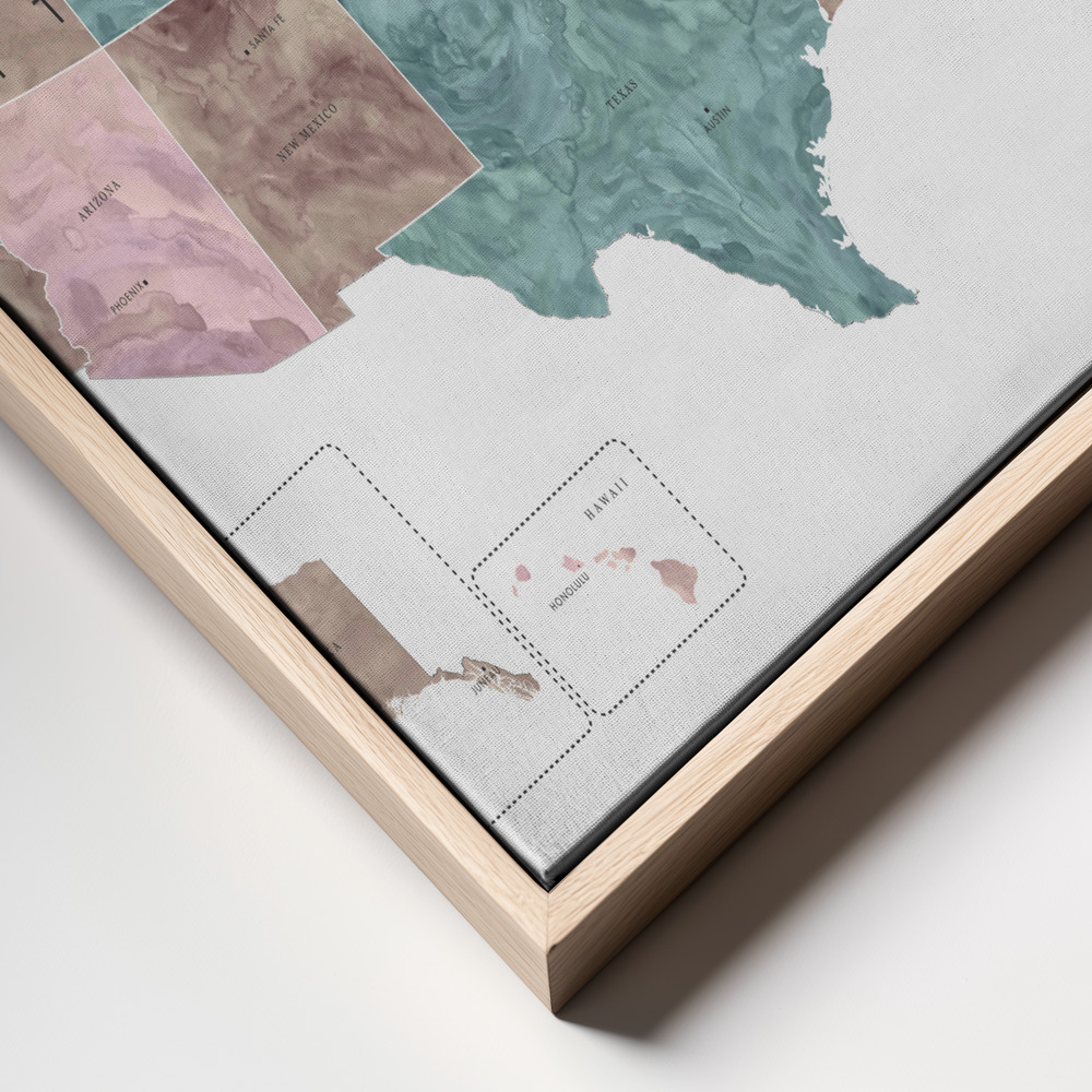 Toile - Pink and teal watercolor map of the US cadre en gros plan - cadre naturel