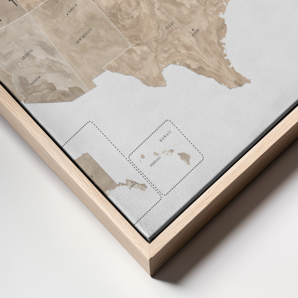 Canvas schilderi - Taupe watercolor US map frame close up - natuurlijk frame