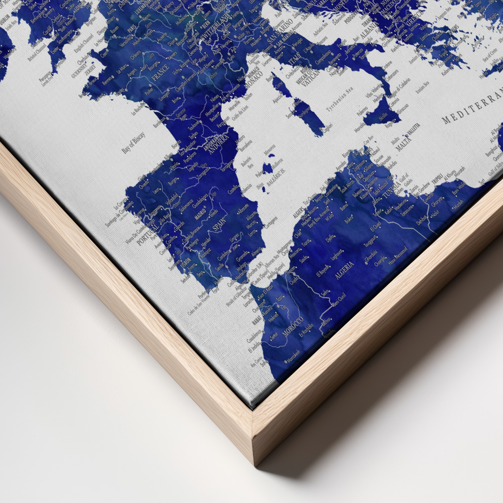 Canvas schilderi - Navy blue detailed map of Europe frame close up - natuurlijk frame