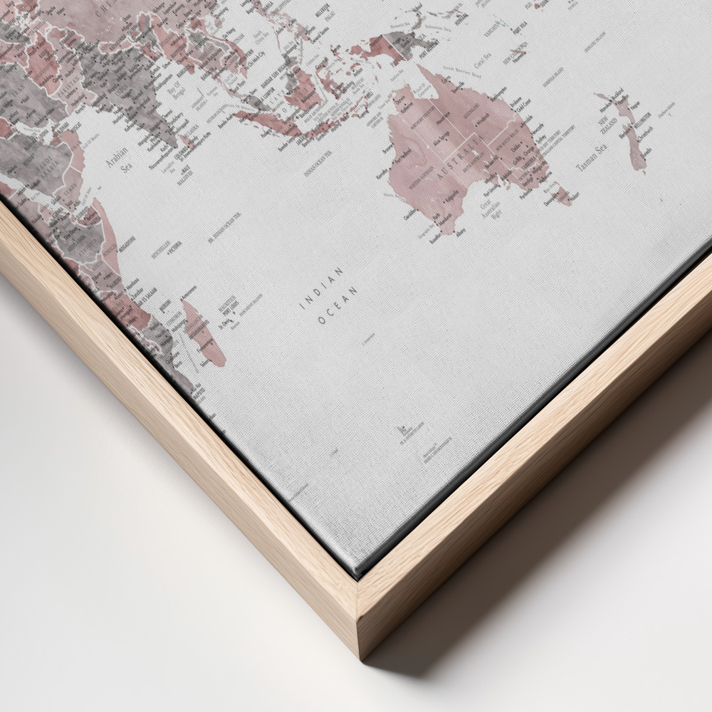 Canvas schilderi - Pacific centered world map in dusty pink frame close up - natuurlijk frame
