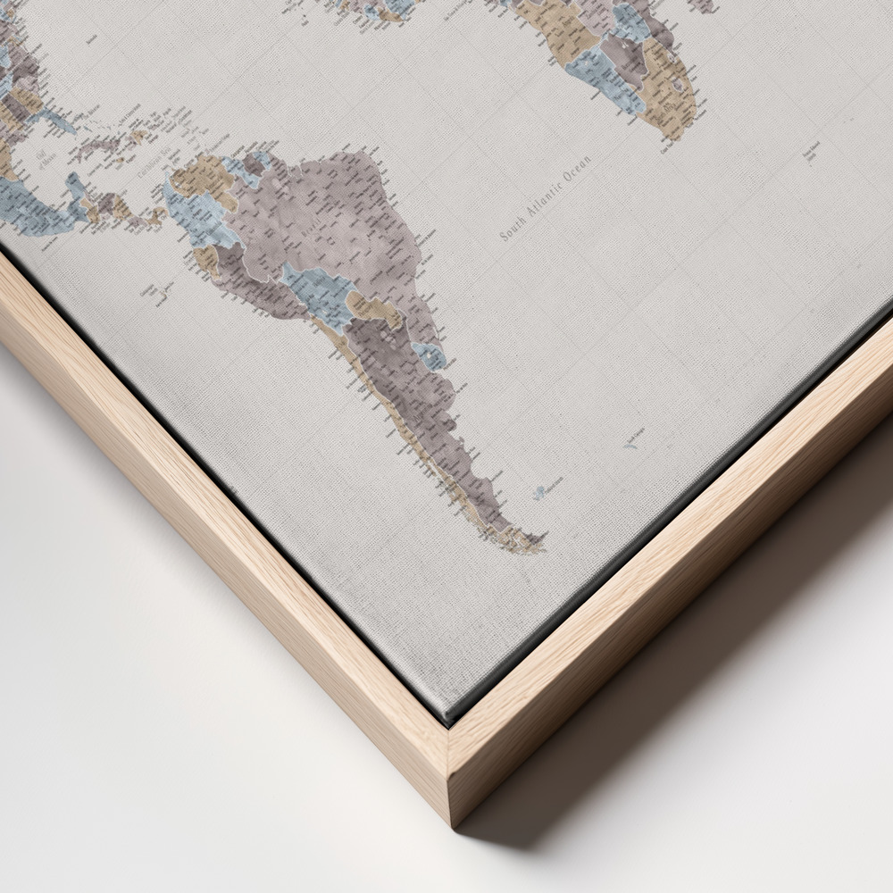 Canvas taulu - Mahler highly detailed world map with cities kehys lähikuva - luonnollinen kehys