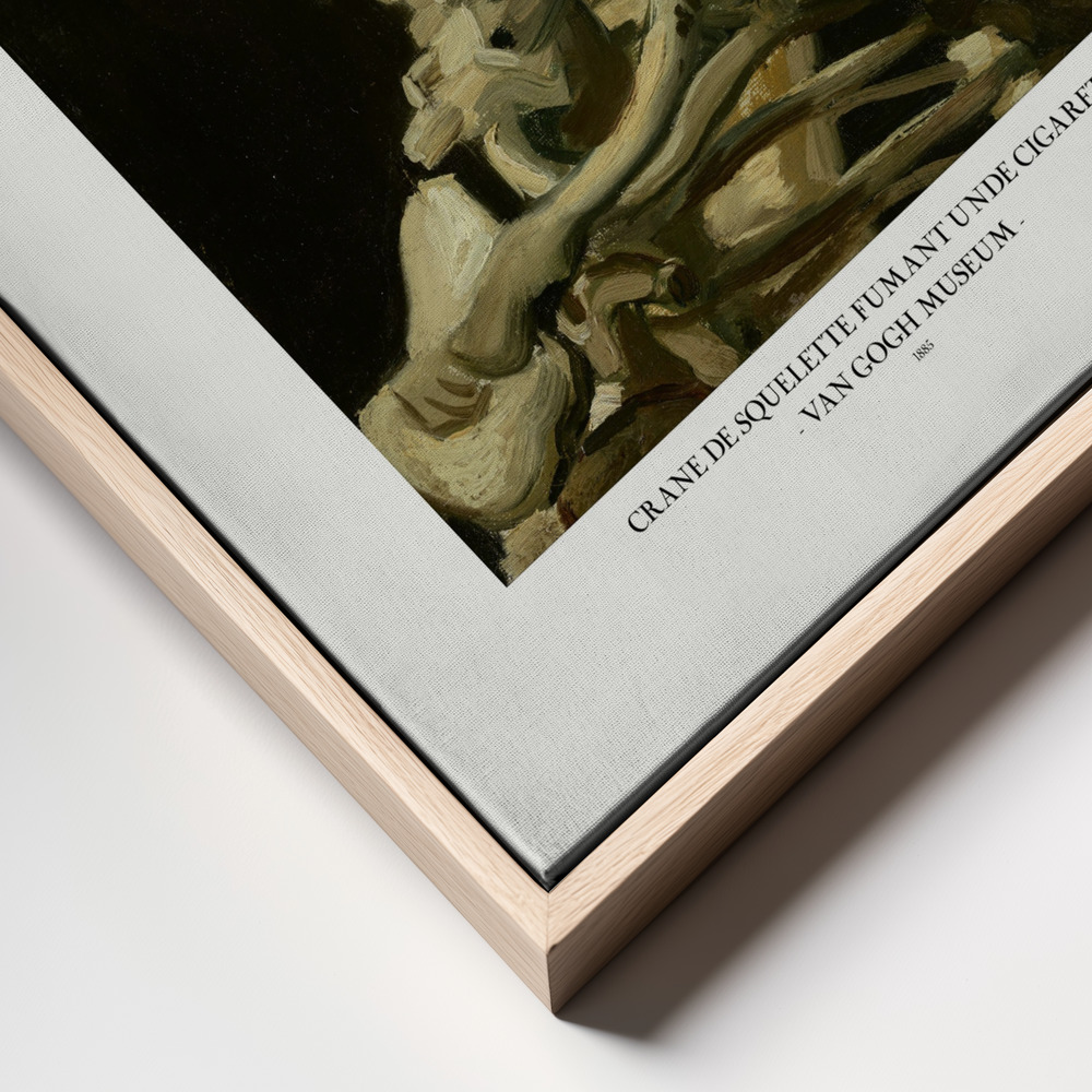 Canvas schilderi - Head of a skeleton with a burning cigarette frame close up