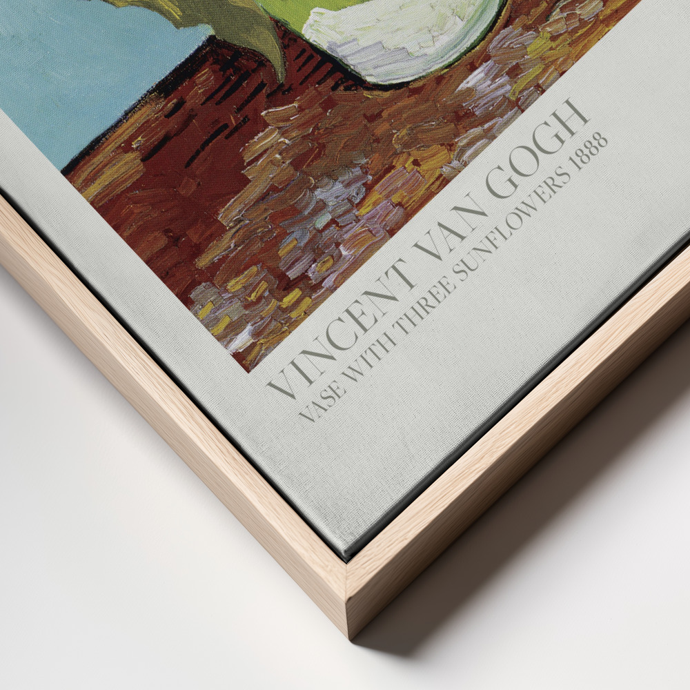 Canvas print - Vase With Three Sunflowers frame close up