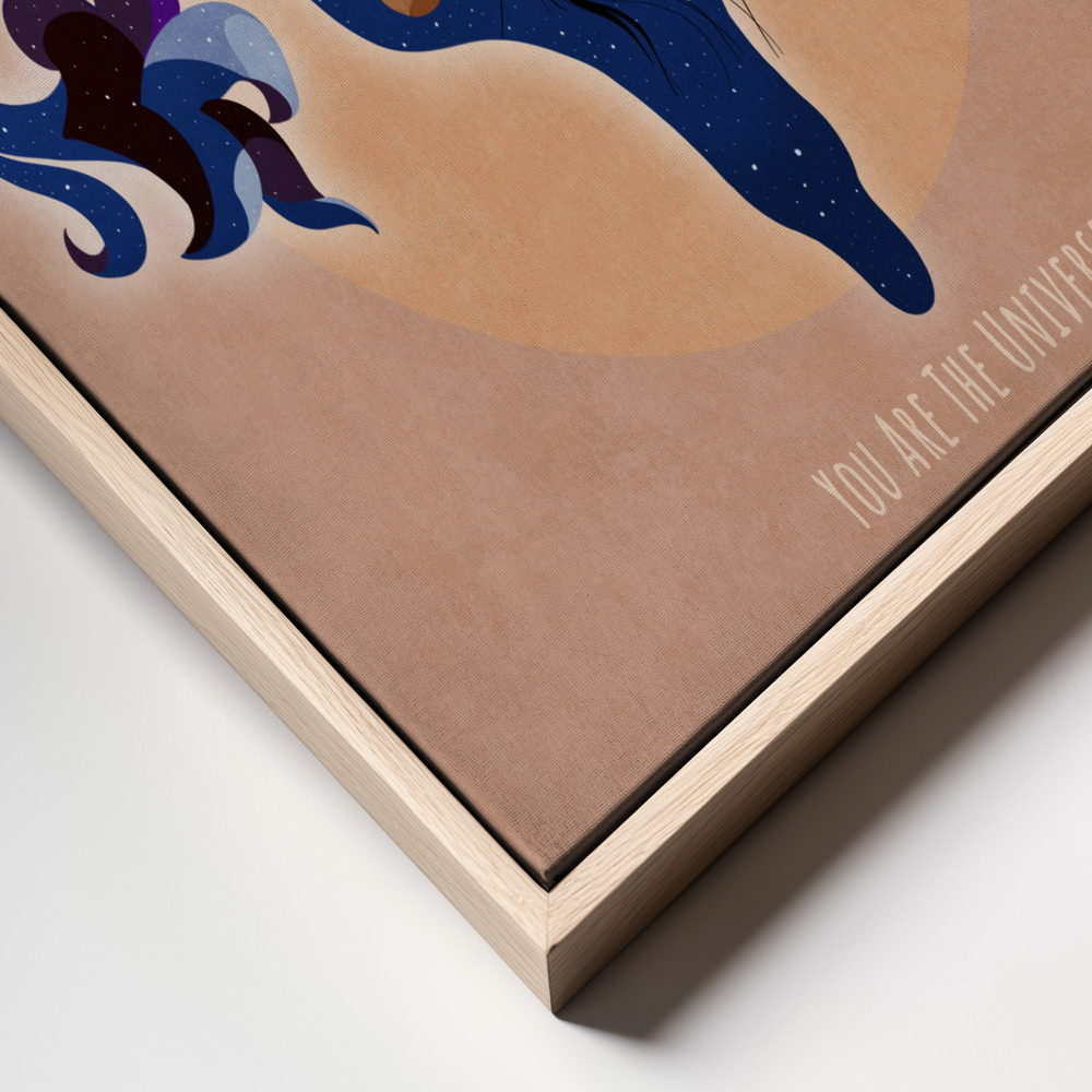 Canvas print - Spiritual, Feminine, Energy, Stars, Moon, Vulva, Meditation, Yoga, and Inspiration Poster Spir 1b frame close up - natural frame