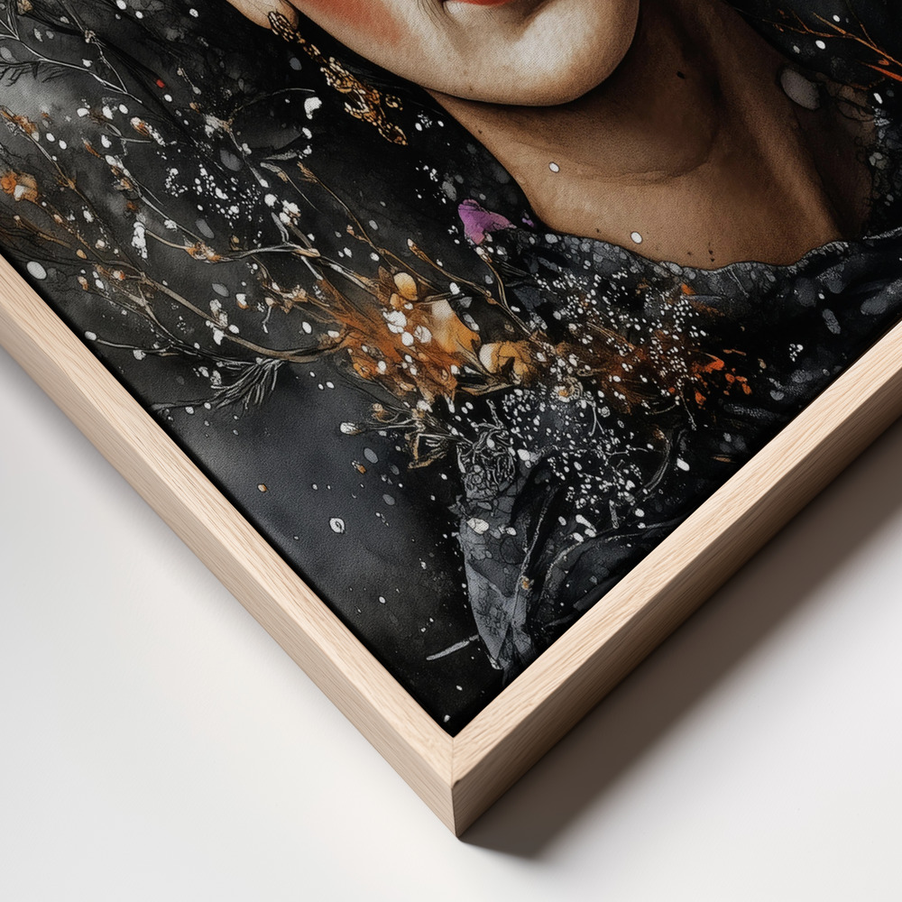 Canvas print - Frida portrait with flowers frame close up - natural frame
