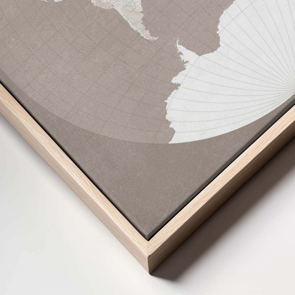 Canvas print - The world map in a circle, muted brown frame close up - natural frame