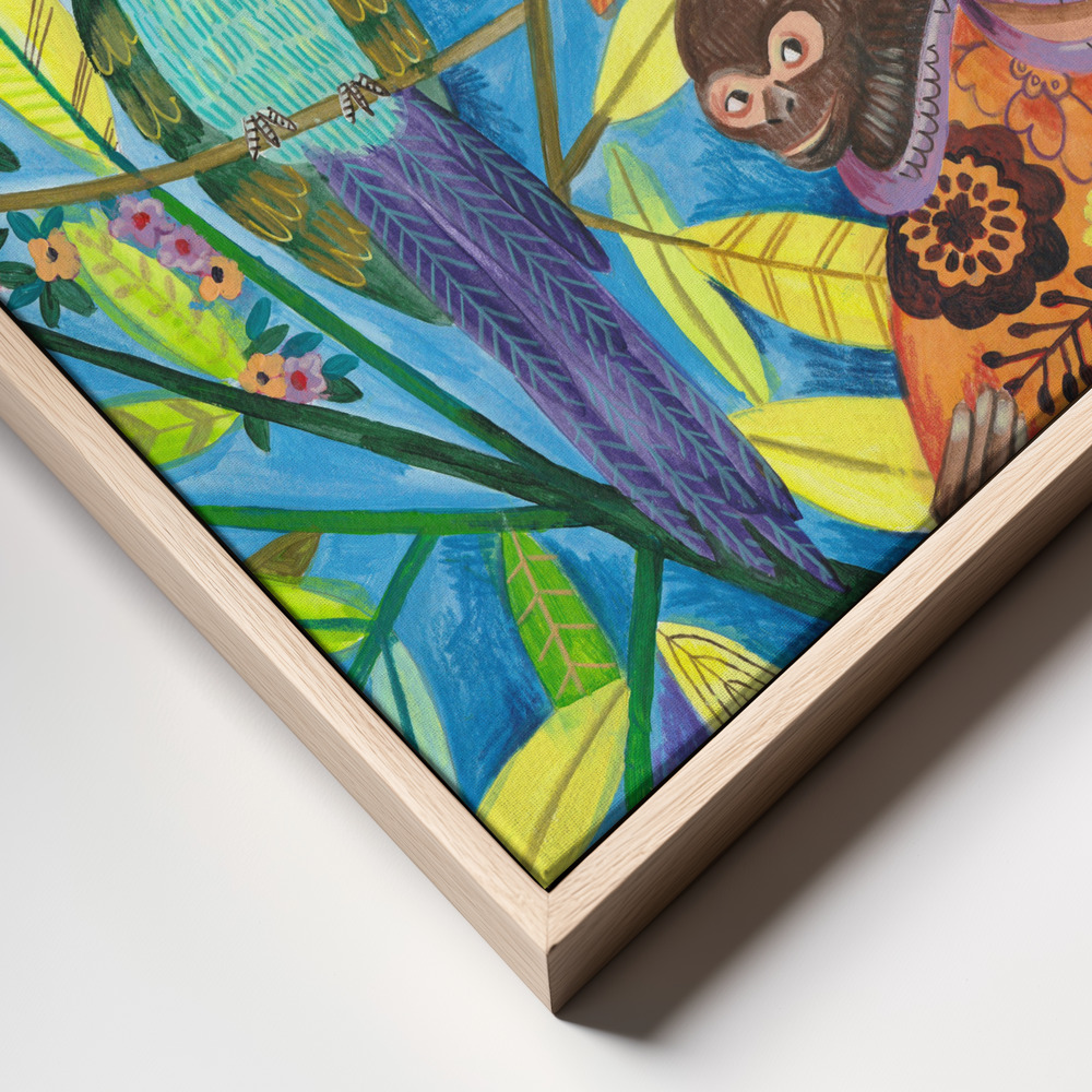 Canvas print - Frida and her parrots frame close up - natural frame