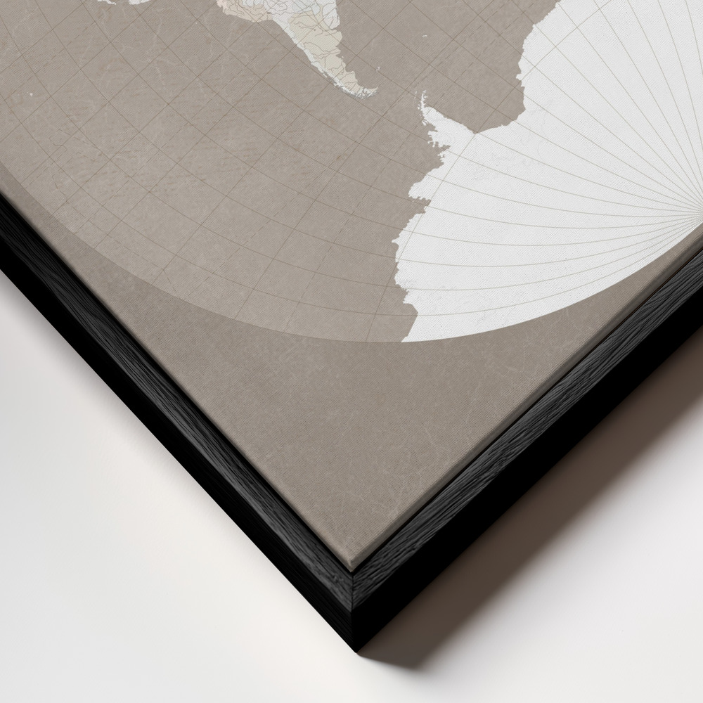 Canvas print - The world map in a circle, muted brown frame close up - black frame