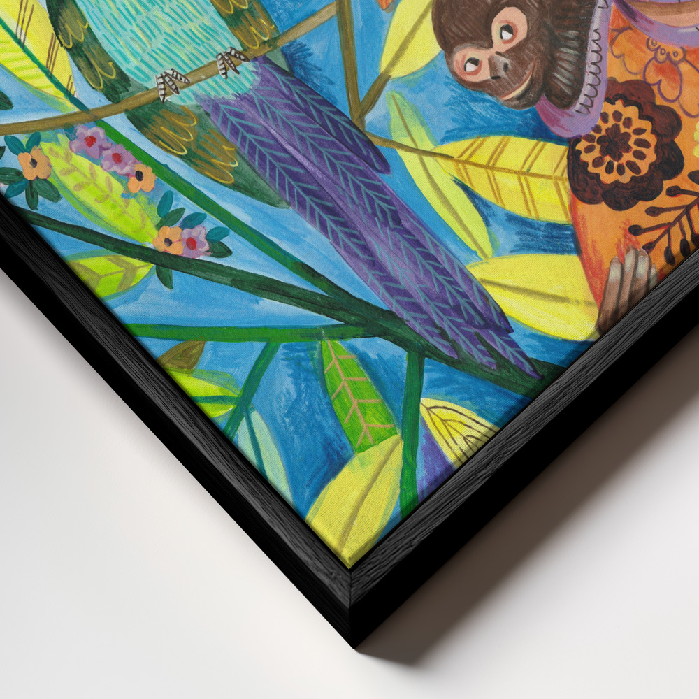 Canvas print - Frida and her parrots frame close up - black frame