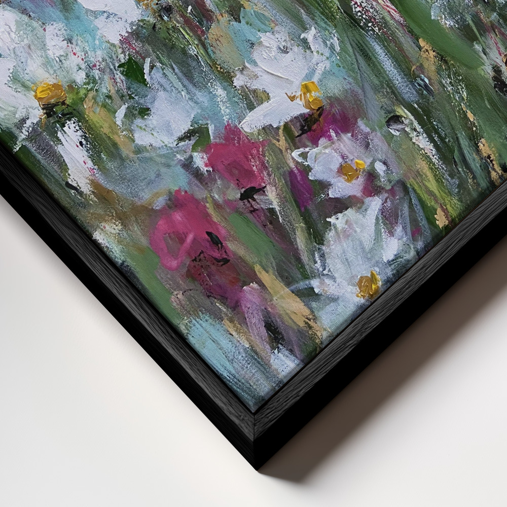 Canvas print - White Daisies and Pink Blossoms frame close up - black frame