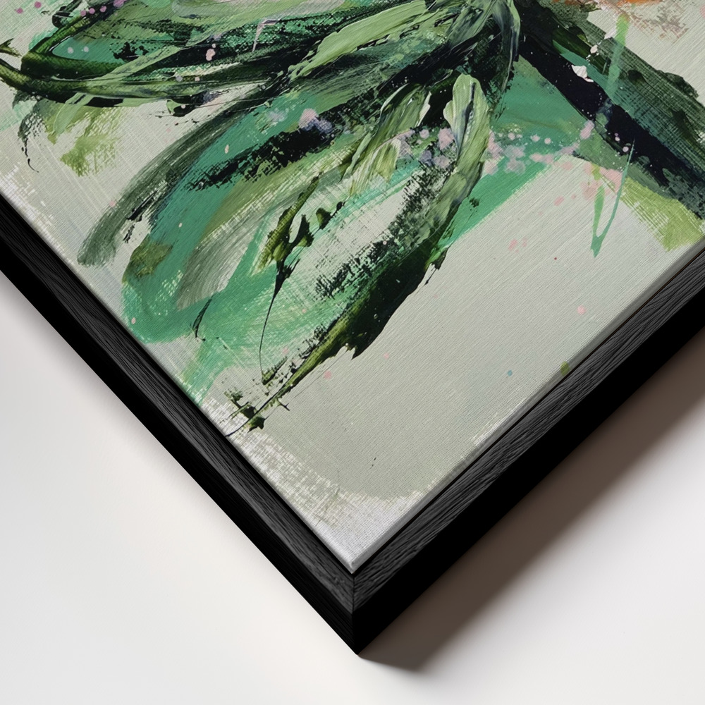 Leinwandbild - Vibrant Pink Roses and Green Leaves rahmen Nahaufnahme - schwarzer Rahmen