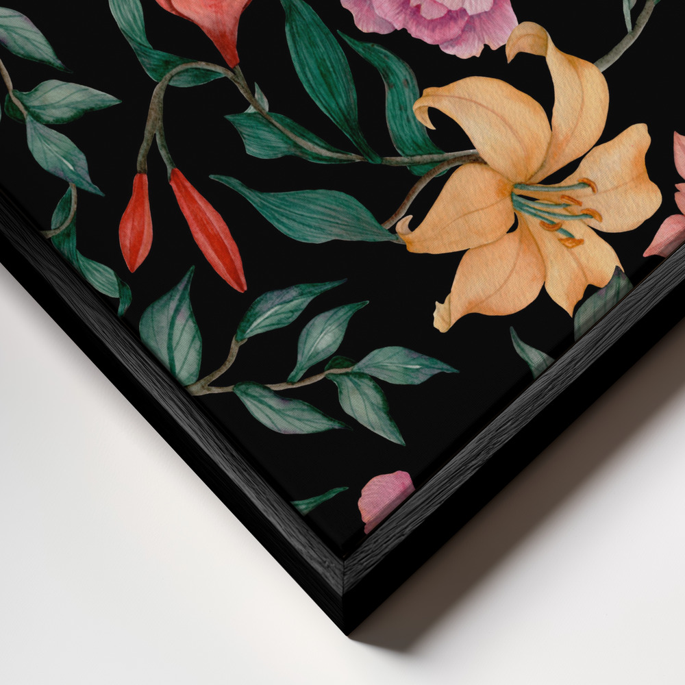 Canvas print - Lilies and Peonies Elegance frame close up - black frame