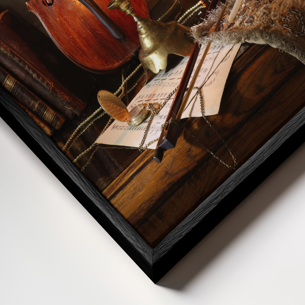 Canvas taulu - Still life with violin and painting kehys lähikuvassa - musta kehys