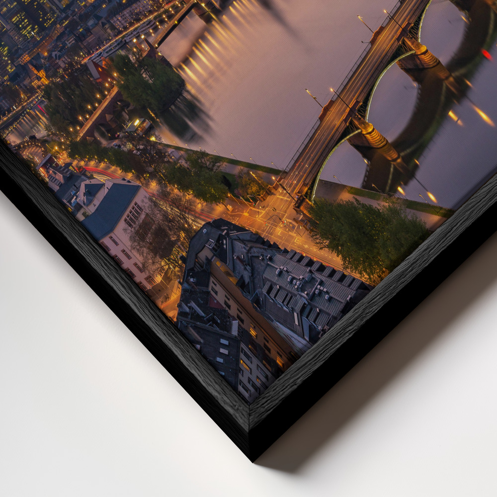 Canvas print - Frankfurt Skyline at sunset frame close up - black frame