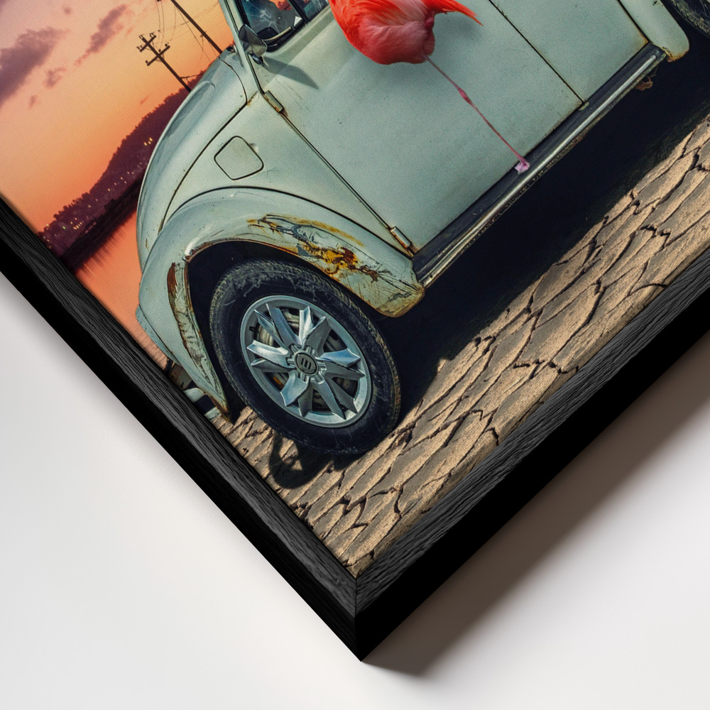 Canvas schilderi - Flamingos Ate My Car frame close-up - zwart frame