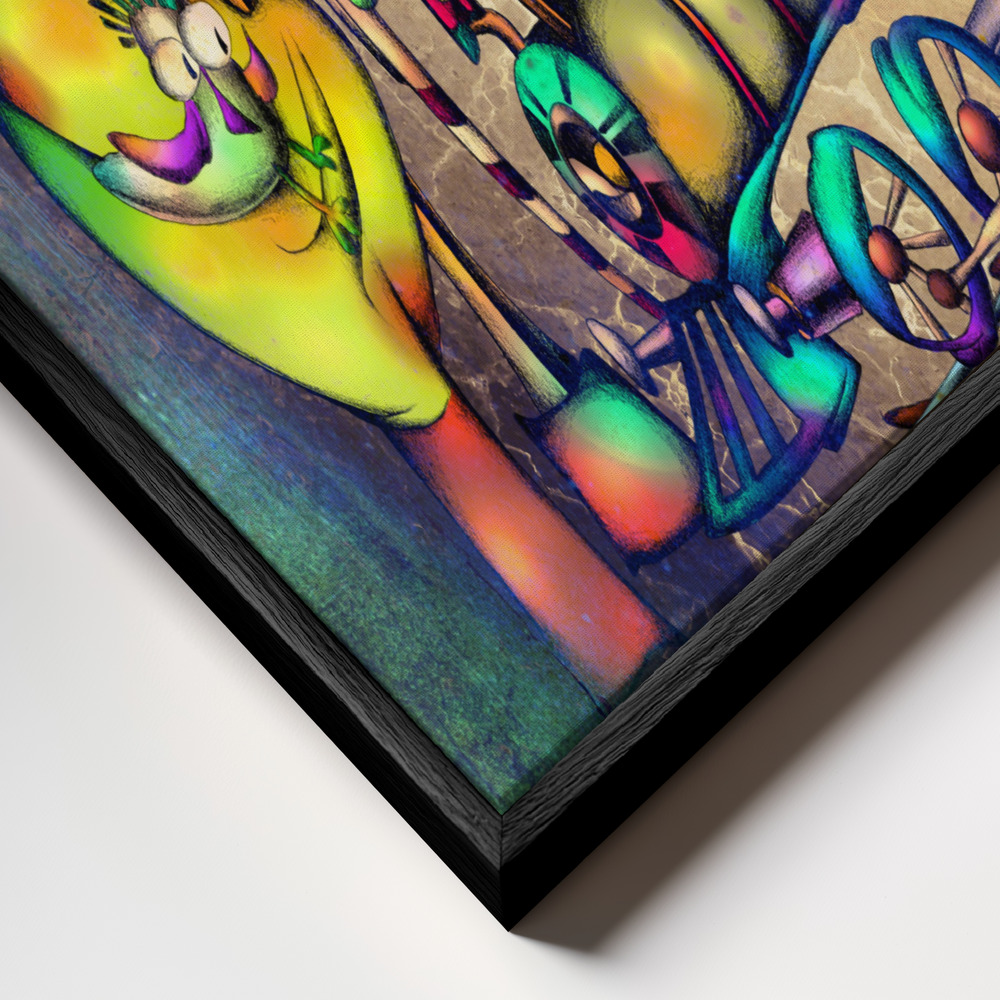 Canvas schilderi - The umbrella man catches the locomotive frame close-up - zwart frame