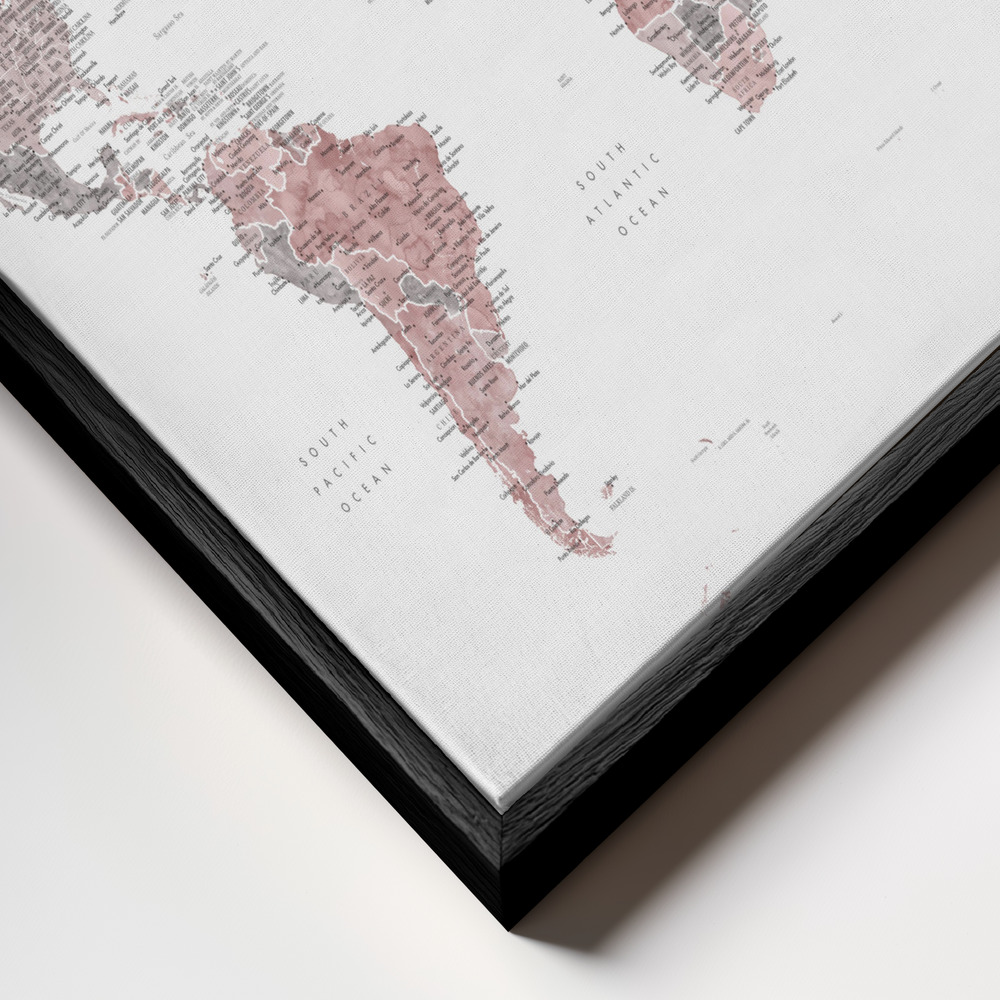 Canvas taulu - Detailed world map with cities, Piper kehys lähikuvassa - musta kehys
